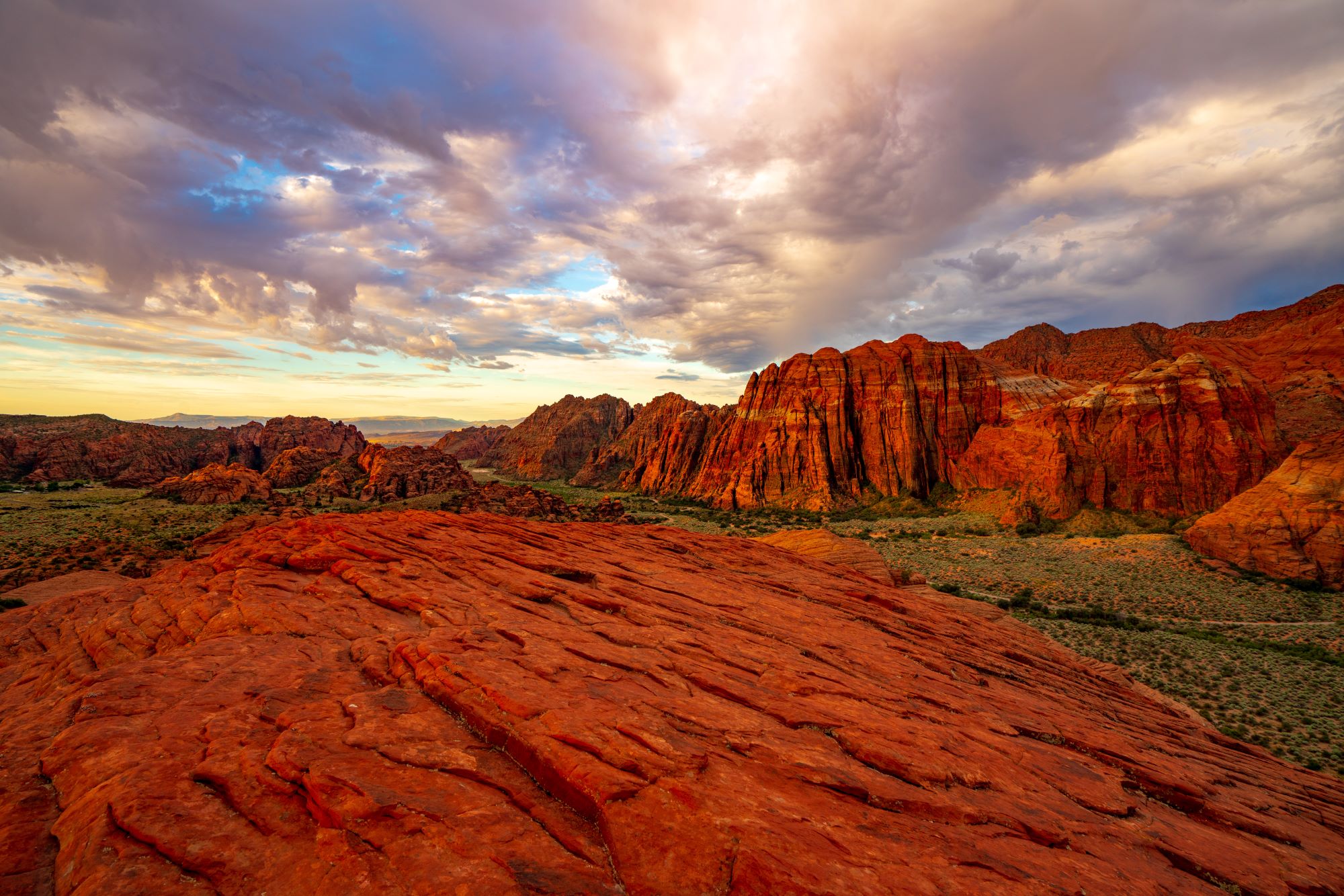 Red rocks at Sunrise from the Petrfied Sand Dunes in Snow Canyon State Park.